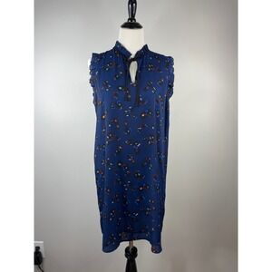 Dalia Blue Floral Sleeveless Shift Dress Ruffle Tie Neck Women Size 12 MD8222L